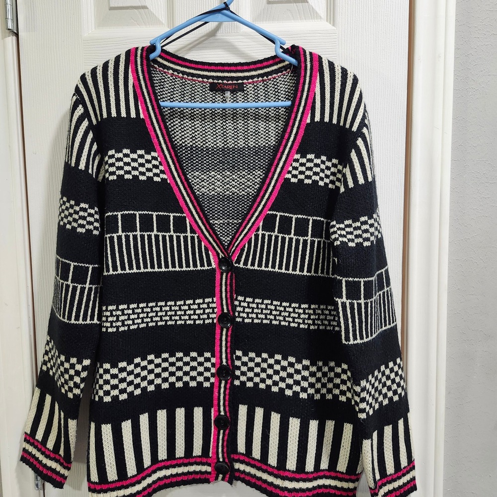 Xtaren Geometric Knit Cardigan Black White Pink Striped Checkered Sweater M/L